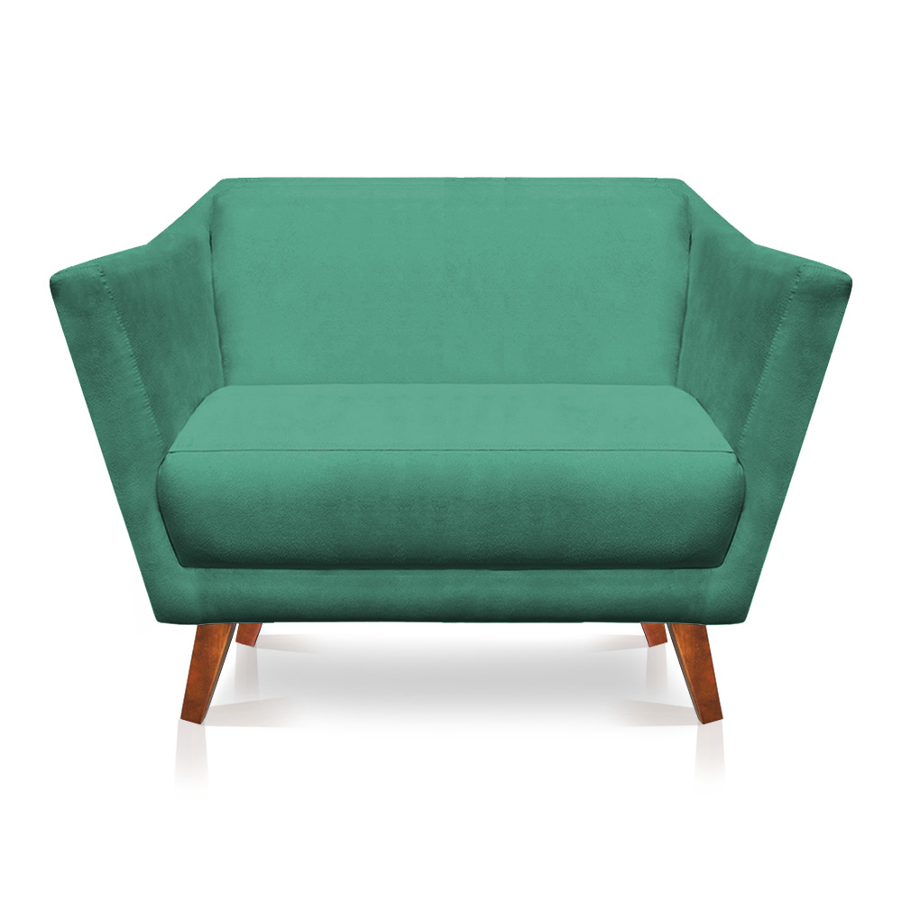 Kit 2 Poltronas e Namoradeira Pérsia Suede Azul Turquesa Pés Chanfrado Castanho - Pallazio
