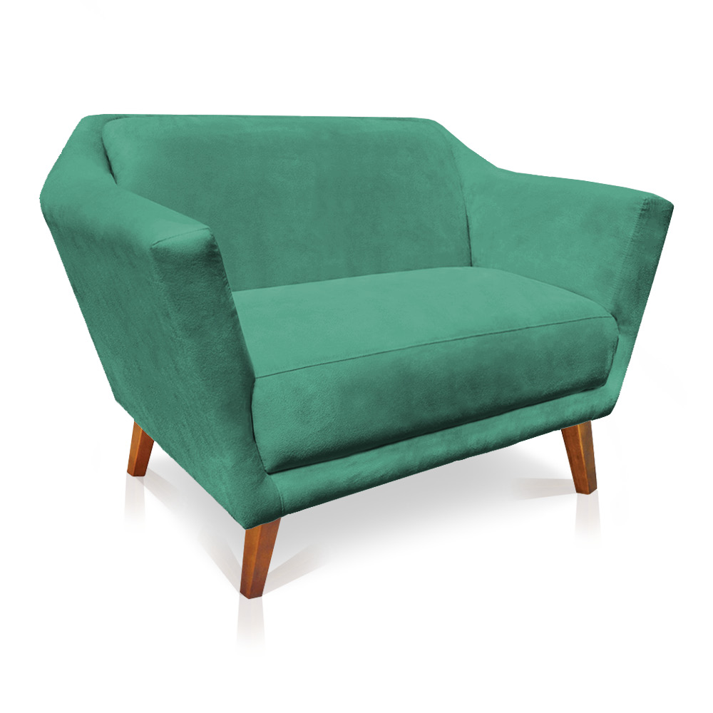 Kit 2 Poltronas e Namoradeira Pérsia Suede Azul Turquesa Pés Chanfrado Castanho - Pallazio