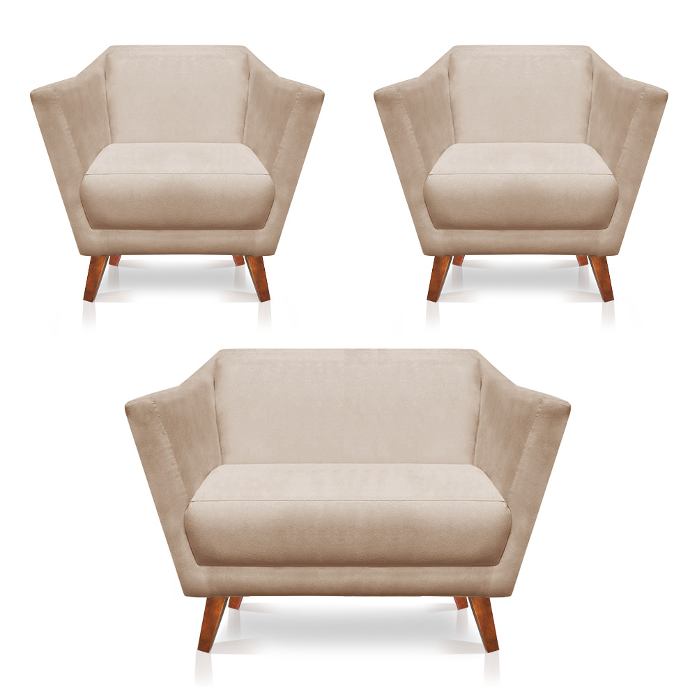 Kit 2 Poltronas e Namoradeira Pérsia Suede Bege Pés Chanfrado Castanho - Pallazio