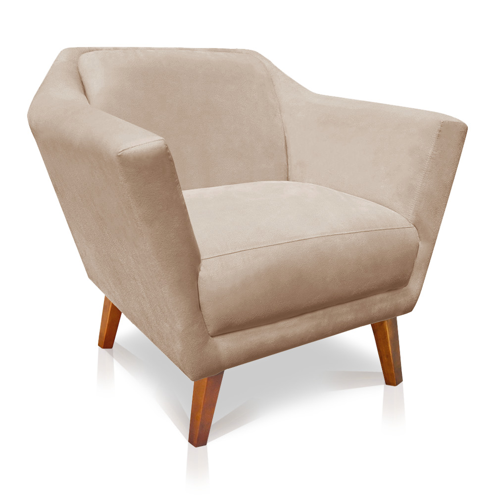 Kit 2 Poltronas e Namoradeira Pérsia Suede Bege Pés Chanfrado Castanho - Pallazio
