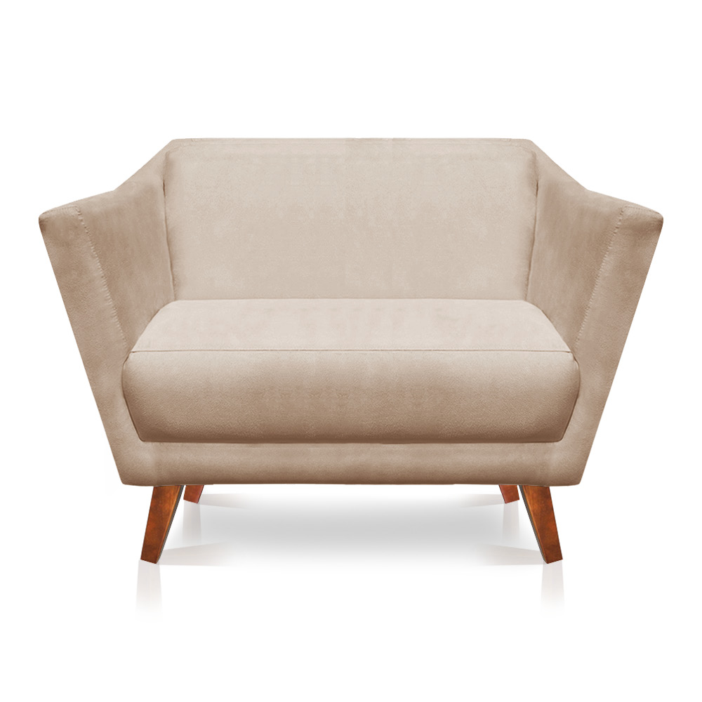 Kit 2 Poltronas e Namoradeira Pérsia Suede Bege Pés Chanfrado Castanho - Pallazio