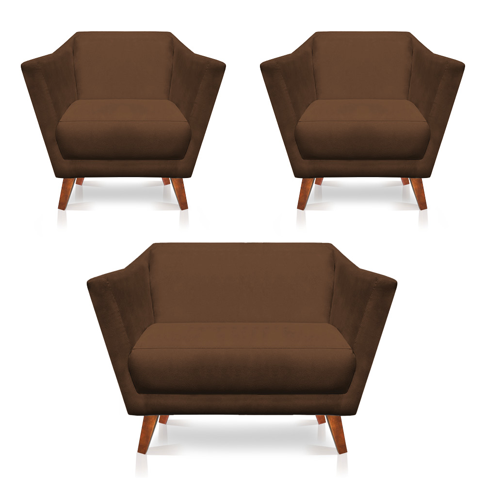 Kit 2 Poltronas e Namoradeira Pérsia Suede Marrom Pés Chanfrado Castanho - Pallazio
