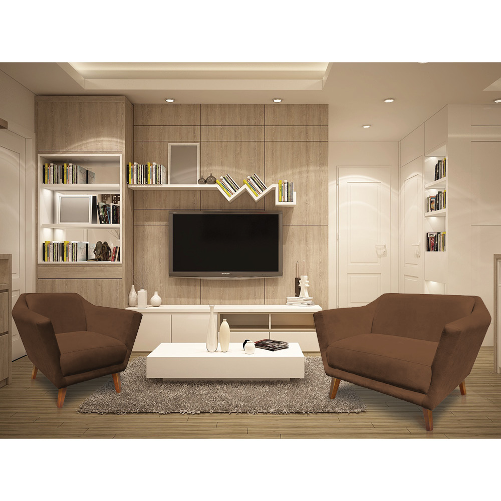 Kit 2 Poltronas e Namoradeira Pérsia Suede Marrom Pés Chanfrado Castanho - Pallazio