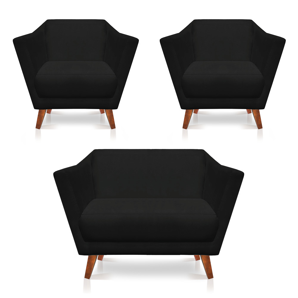 Kit 2 Poltronas e Namoradeira Pérsia Suede Preto Pés Chanfrado Castanho - Pallazio