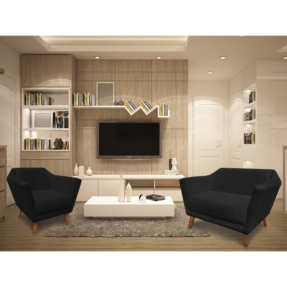 Kit 2 Poltronas e Namoradeira Pérsia Suede Preto Pés Chanfrado Castanho - Pallazio