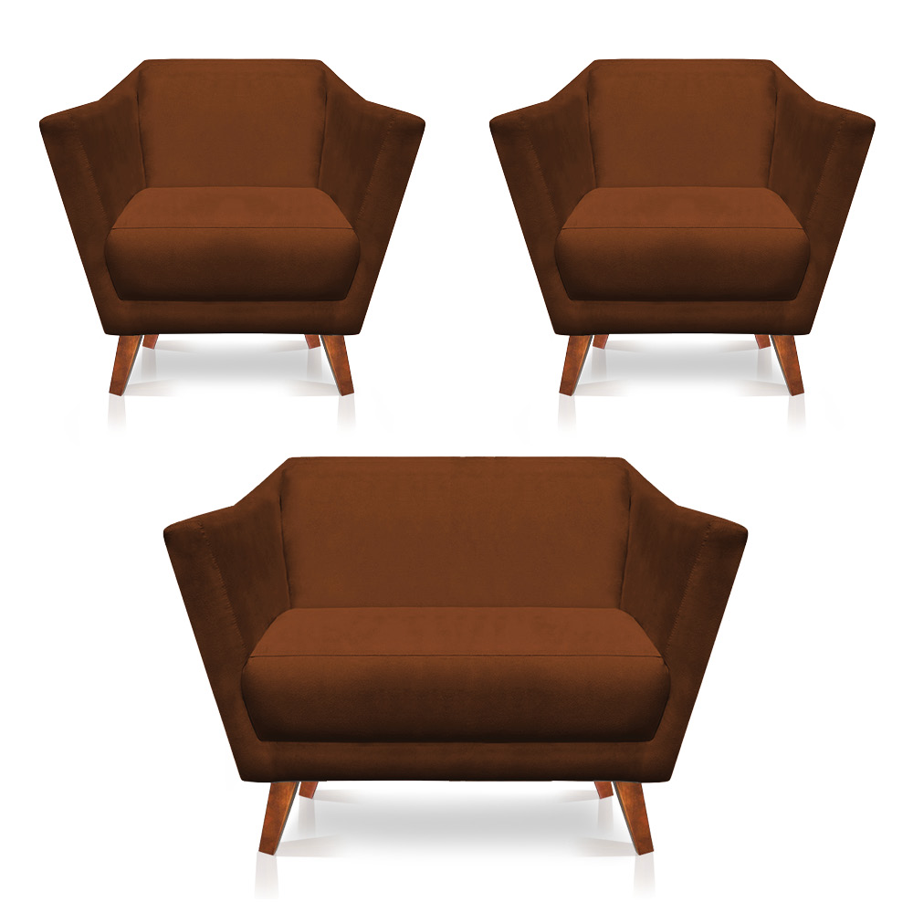 Kit 2 Poltronas e Namoradeira Pérsia Suede Terracota Pés Chanfrado Castanho - Pallazio