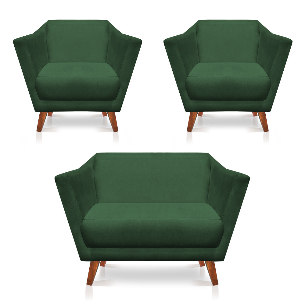Kit 2 Poltronas e Namoradeira Pérsia Suede Verde Pés Chanfrado Castanho - Pallazio