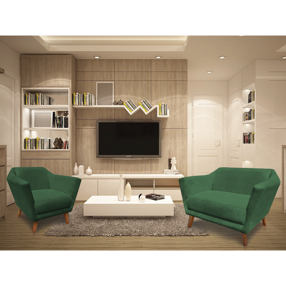 Kit 2 Poltronas e Namoradeira Pérsia Suede Verde Pés Chanfrado Castanho - Pallazio