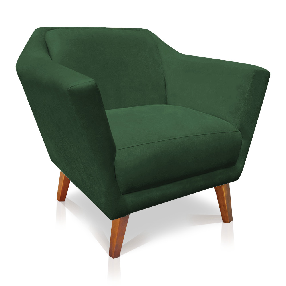 Kit 2 Poltronas e Namoradeira Pérsia Suede Verde Pés Chanfrado Castanho - Pallazio