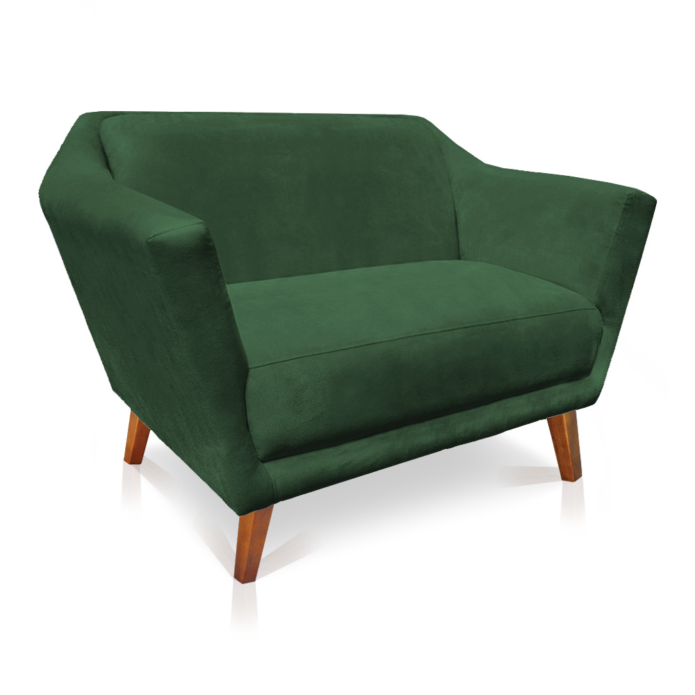 Kit 2 Poltronas e Namoradeira Pérsia Suede Verde Pés Chanfrado Castanho - Pallazio
