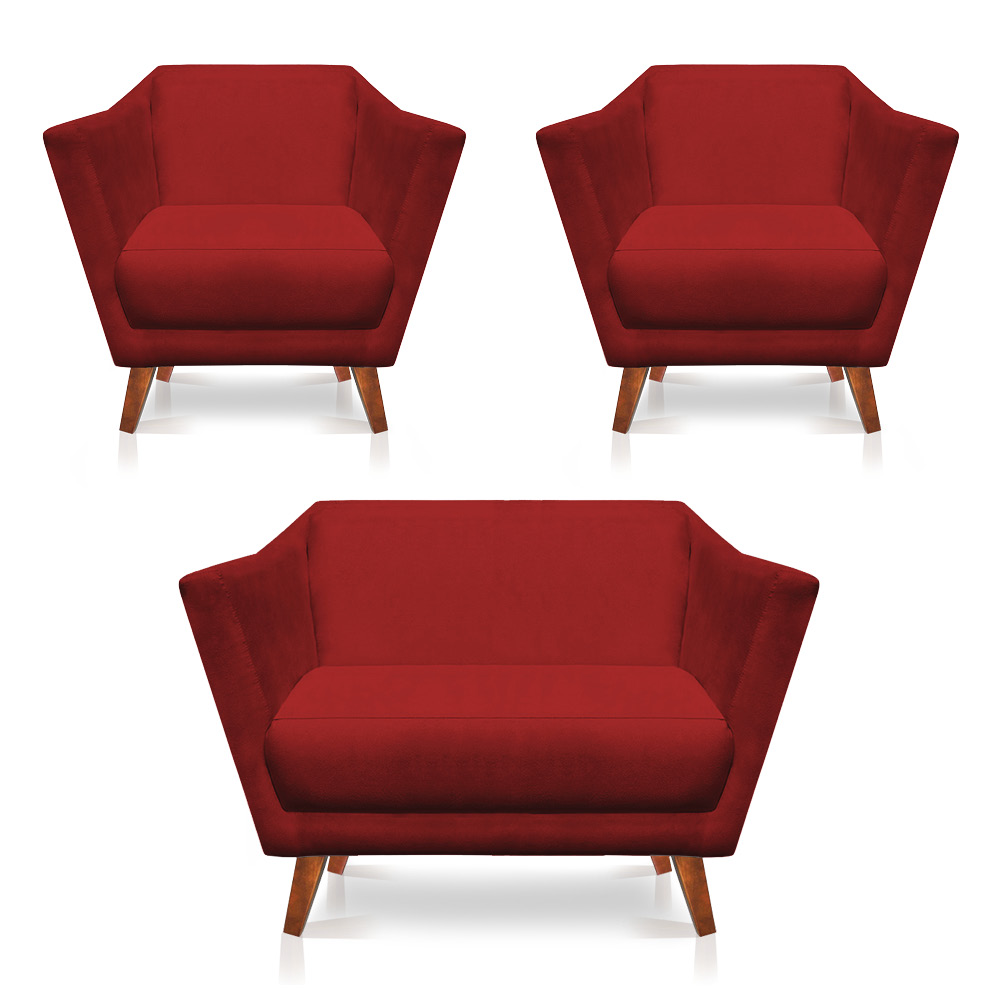 Kit 2 Poltronas e Namoradeira Pérsia Suede Vermelho Pés Chanfrado Castanho - Pallazio