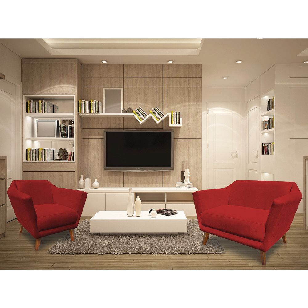 Kit 2 Poltronas e Namoradeira Pérsia Suede Vermelho Pés Chanfrado Castanho - Pallazio