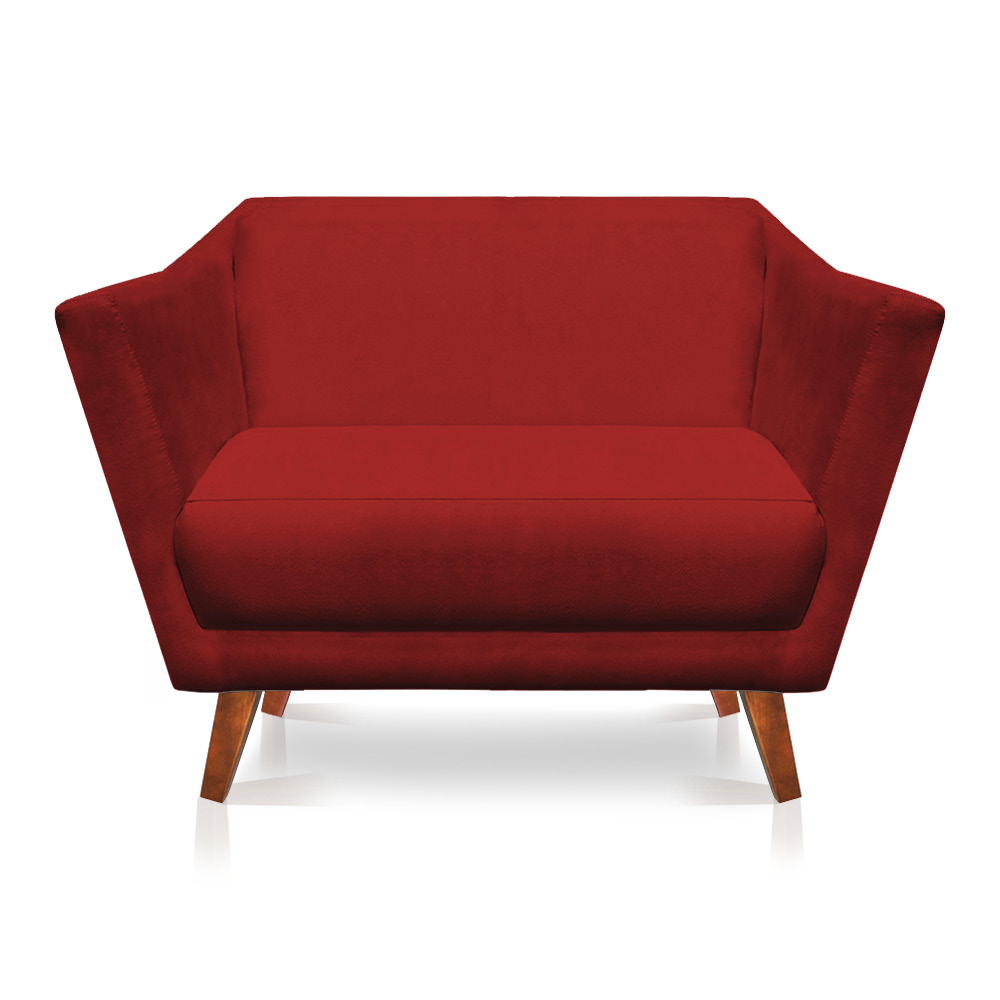 Kit 2 Poltronas e Namoradeira Pérsia Suede Vermelho Pés Chanfrado Castanho - Pallazio