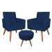 Kit 2 Poltronas e Puff Banqueta Redonda Nina Suede Azul Marinho Pés Palito Castanho - Pallazio