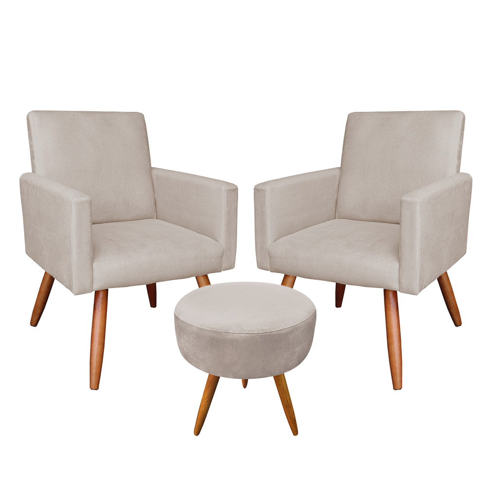 Kit 2 Poltronas e Puff Banqueta Redonda Nina Suede Bege Pés Palito Castanho - Pallazio