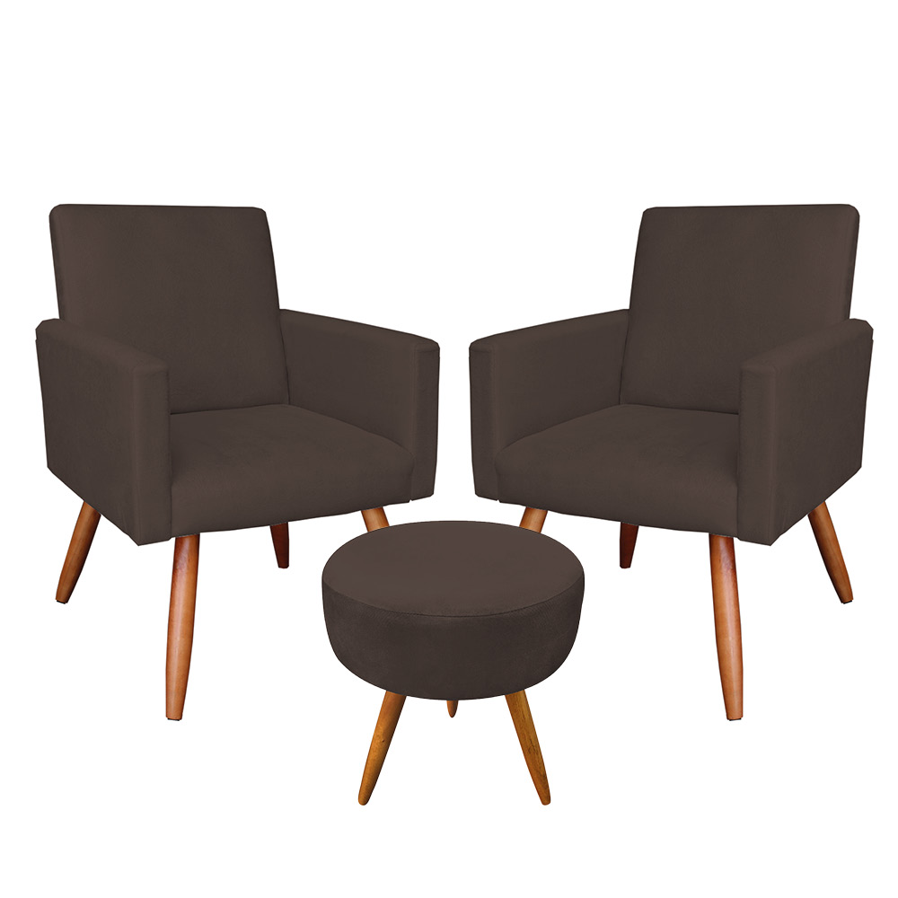 Kit 2 Poltronas e Puff Banqueta Redonda Nina Suede Marrom Pés Palito Castanho - Pallazio