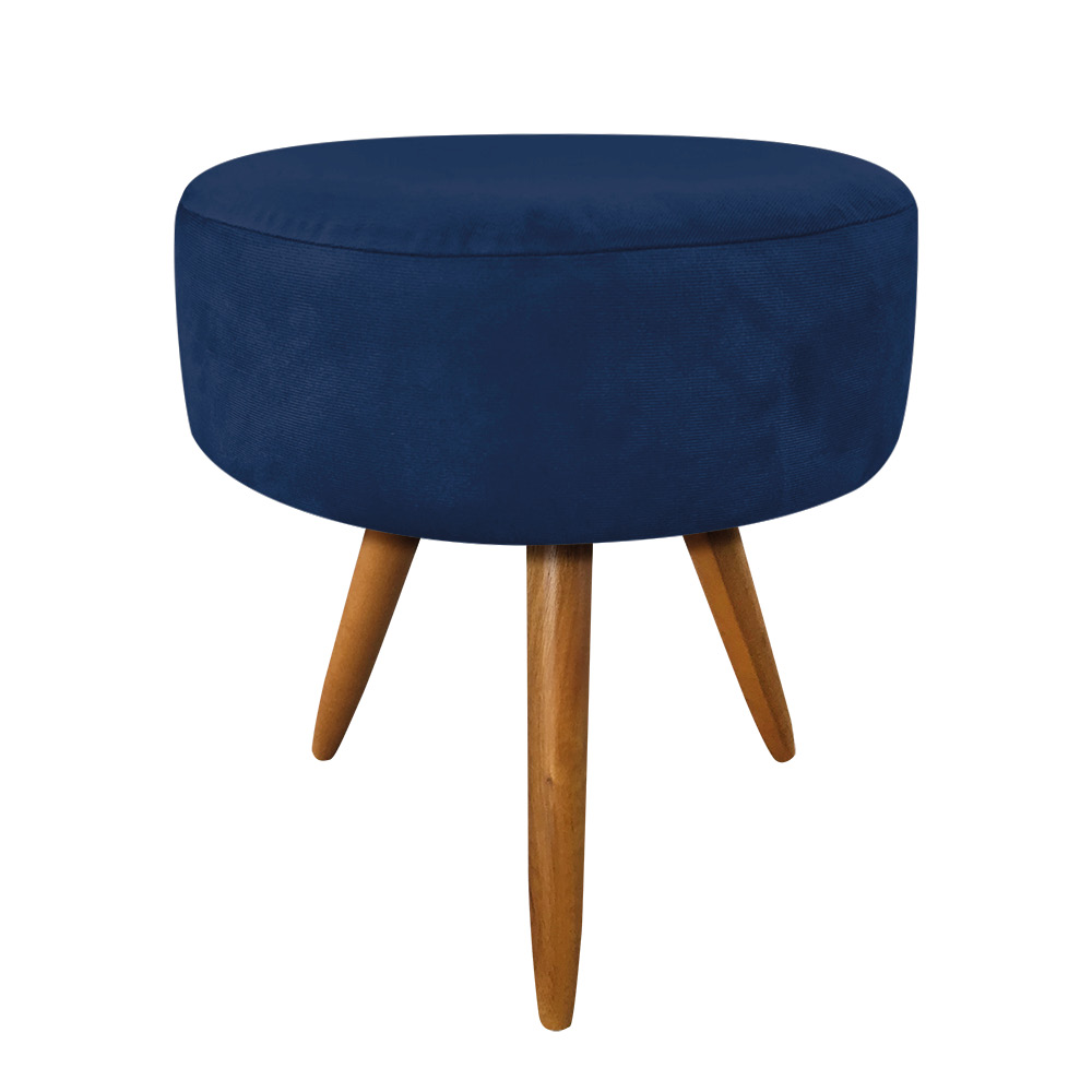 Kit 2 Poltronas e Puff Banqueta Redonda Nina Veludo Azul Marinho Pés Palito Castanho - Pallazio