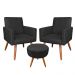 Kit 2 Poltronas e Puff Banqueta Redonda Nina Veludo Preto Pés Palito Castanho - Pallazio