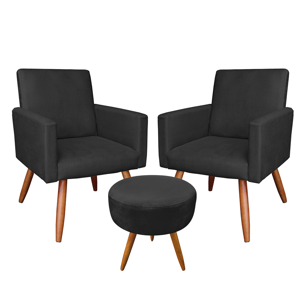 Kit 2 Poltronas e Puff Banqueta Redonda Nina Veludo Preto Pés Palito Castanho - Pallazio