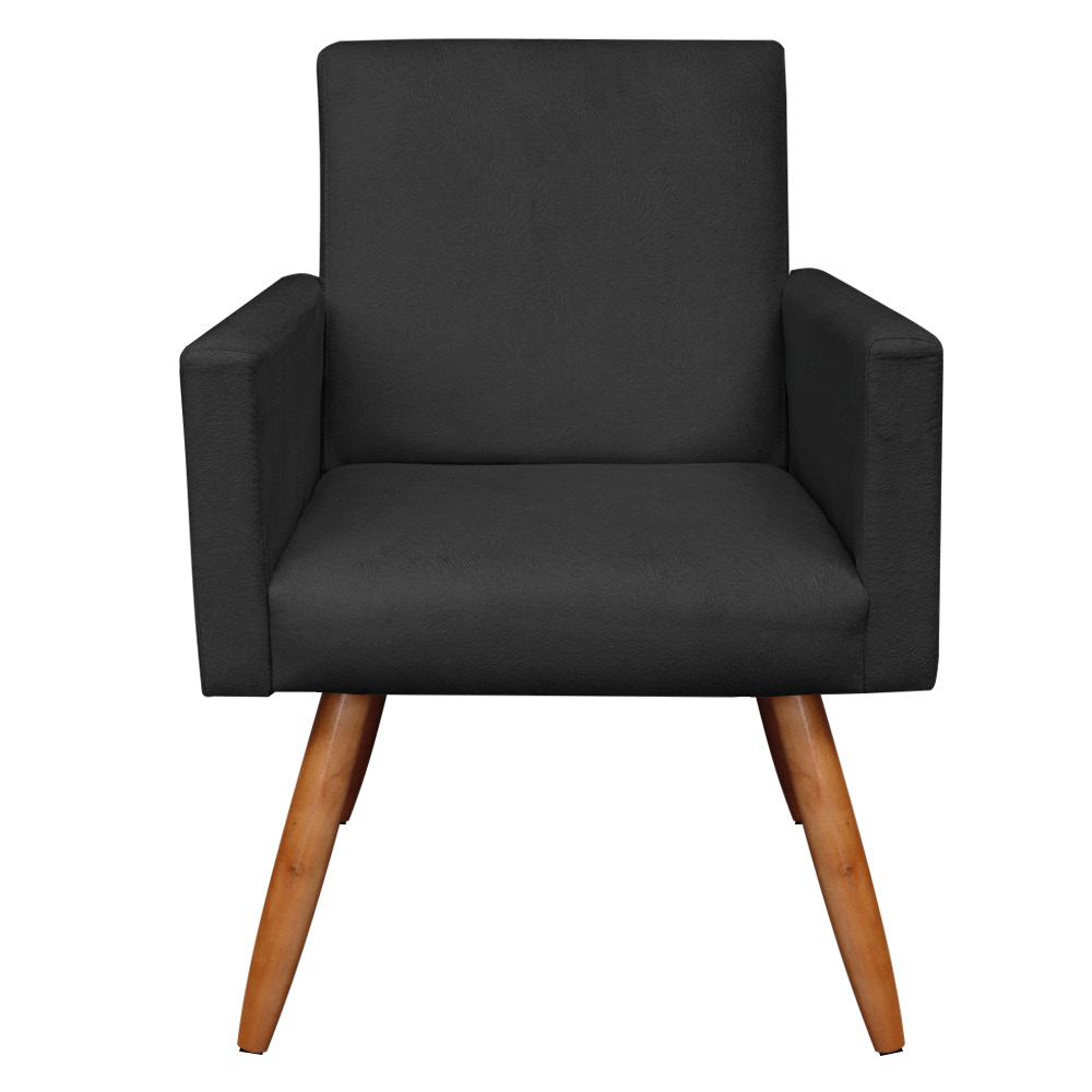 Kit 2 Poltronas e Puff Banqueta Redonda Nina Veludo Preto Pés Palito Castanho - Pallazio