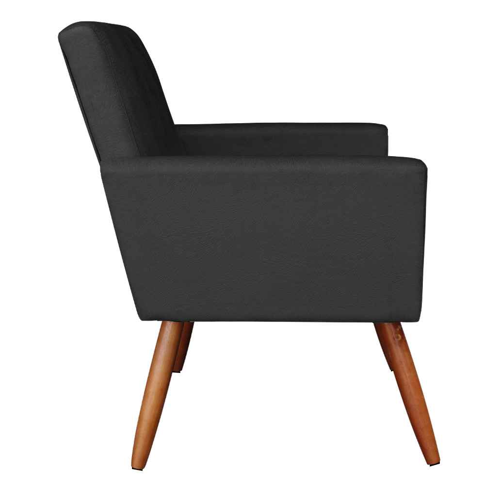 Kit 2 Poltronas e Puff Banqueta Redonda Nina Veludo Preto Pés Palito Castanho - Pallazio