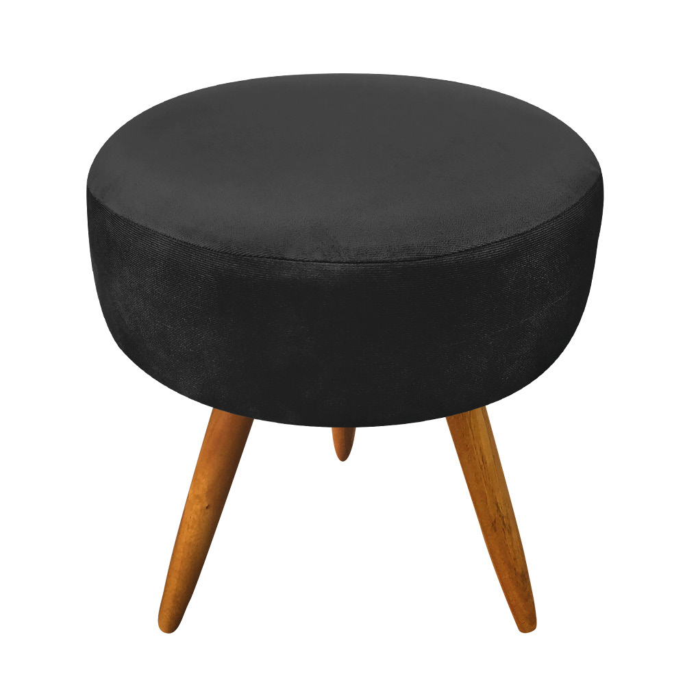 Kit 2 Poltronas e Puff Banqueta Redonda Nina Veludo Preto Pés Palito Castanho - Pallazio