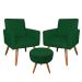 Kit 2 Poltronas e Puff Banqueta Redonda Nina Veludo Verde Pés Palito Castanho - Pallazio