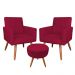 Kit 2 Poltronas e Puff Banqueta Redonda Nina Veludo Vermelho Pés Palito Castanho - Pallazio