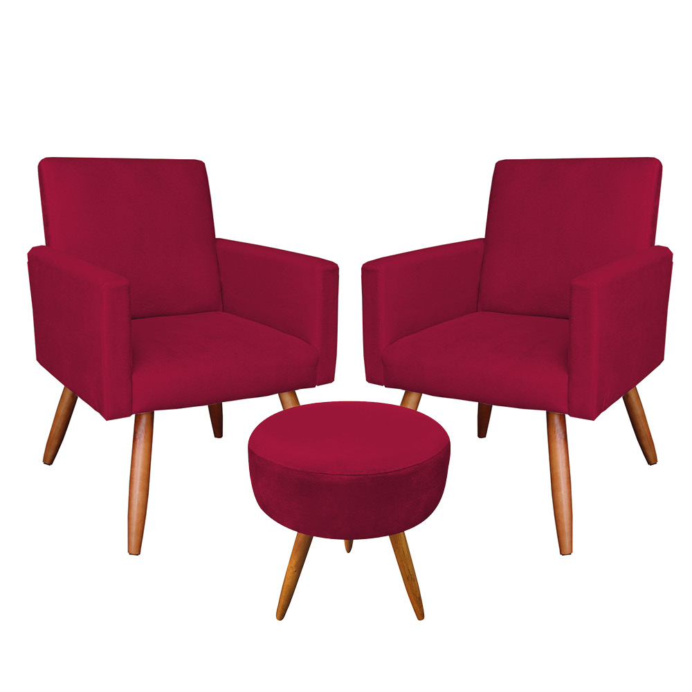 Kit 2 Poltronas e Puff Banqueta Redonda Nina Veludo Vermelho Pés Palito Castanho - Pallazio
