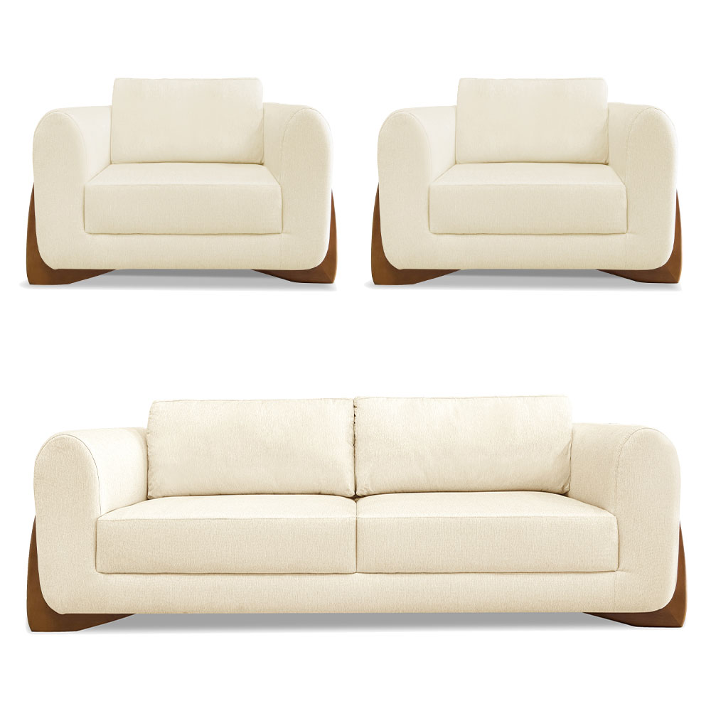 Kit 2 Poltronas e Sofá Living 2 Lugares 1,60m Lottus Linho Bege Pés Castanho - Pallazio