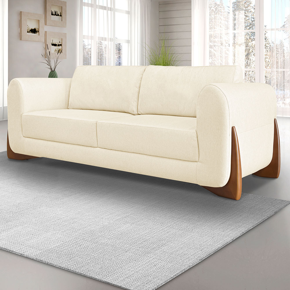 Kit 2 Poltronas e Sofá Living 2 Lugares 1,60m Lottus Linho Bege Pés Castanho - Pallazio
