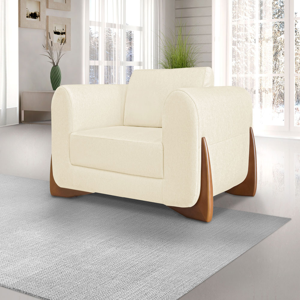 Kit 2 Poltronas e Sofá Living 2 Lugares 1,60m Lottus Linho Bege Pés Castanho - Pallazio