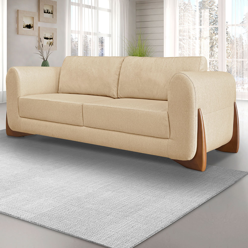 Kit 2 Poltronas e Sofá Living 2 Lugares 1,60m Lottus Linho Dourado Pés Castanho - Pallazio