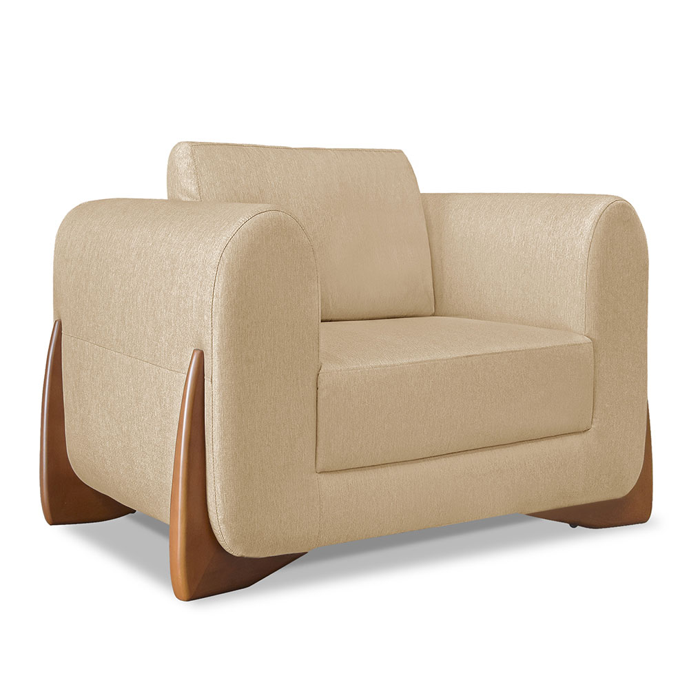 Kit 2 Poltronas e Sofá Living 2 Lugares 1,60m Lottus Linho Dourado Pés Castanho - Pallazio