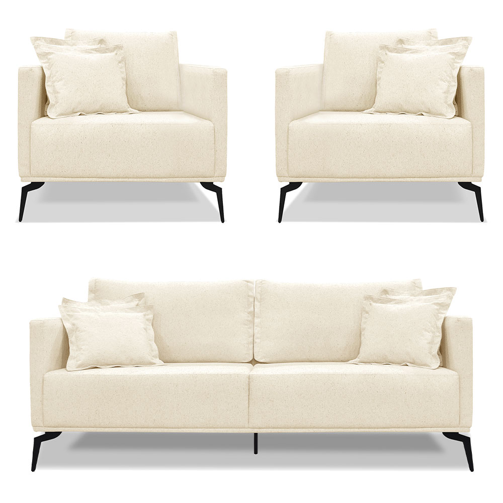 Kit 2 Poltronas e Sofá Living 2 Lugares 1,60m Sirius Linho Bege Pés Metálicos - Pallazio