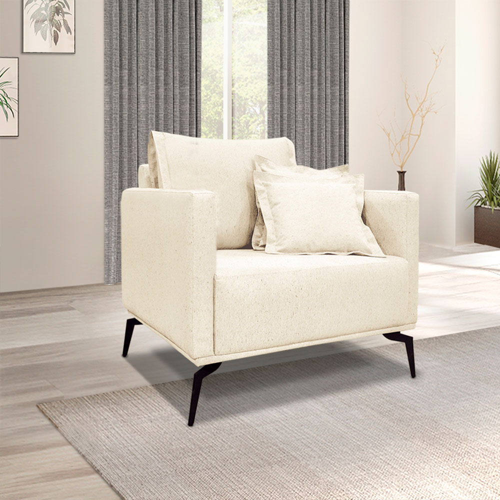 Kit 2 Poltronas e Sofá Living 2 Lugares 1,60m Sirius Linho Bege Pés Metálicos - Pallazio