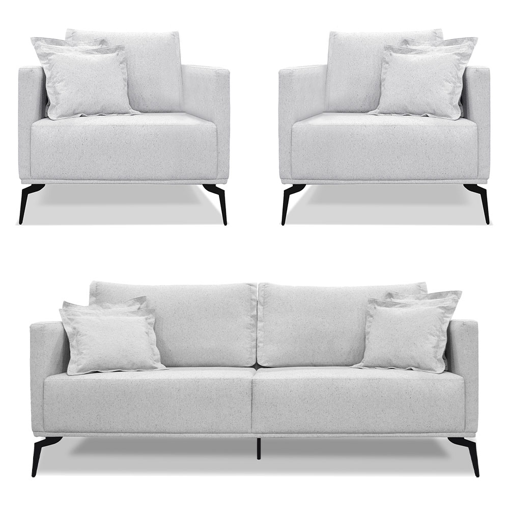 Kit 2 Poltronas e Sofá Living 2 Lugares 1,60m Sirius Linho Cinza Pés Metálicos - Pallazio