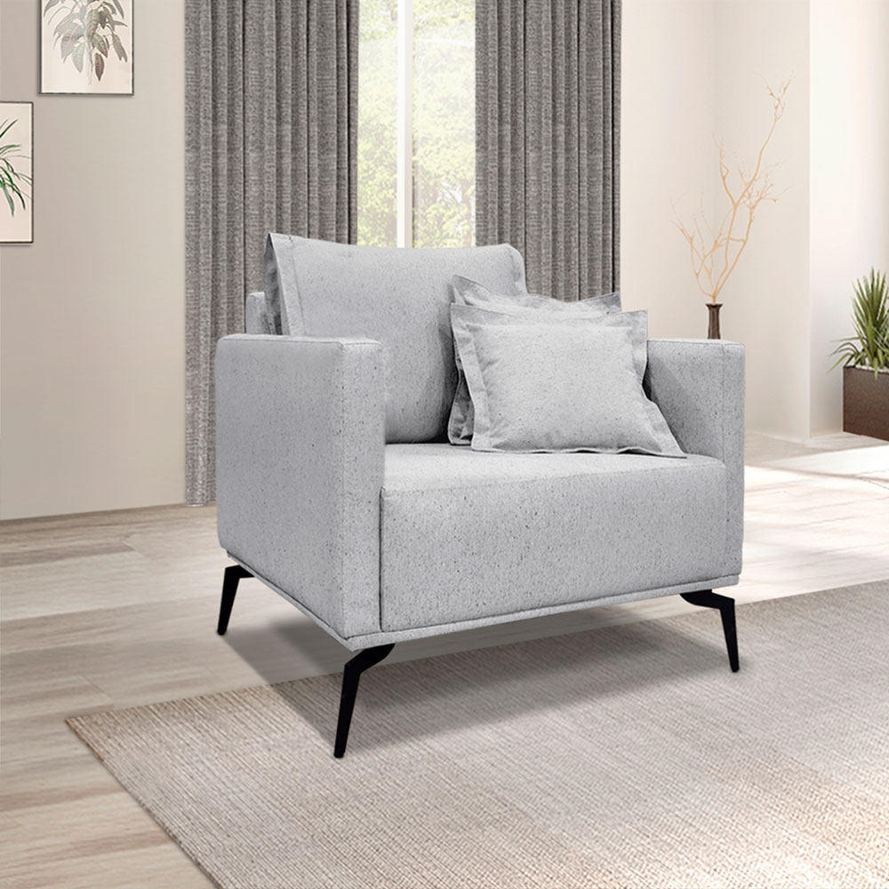 Kit 2 Poltronas e Sofá Living 2 Lugares 1,60m Sirius Linho Cinza Pés Metálicos - Pallazio
