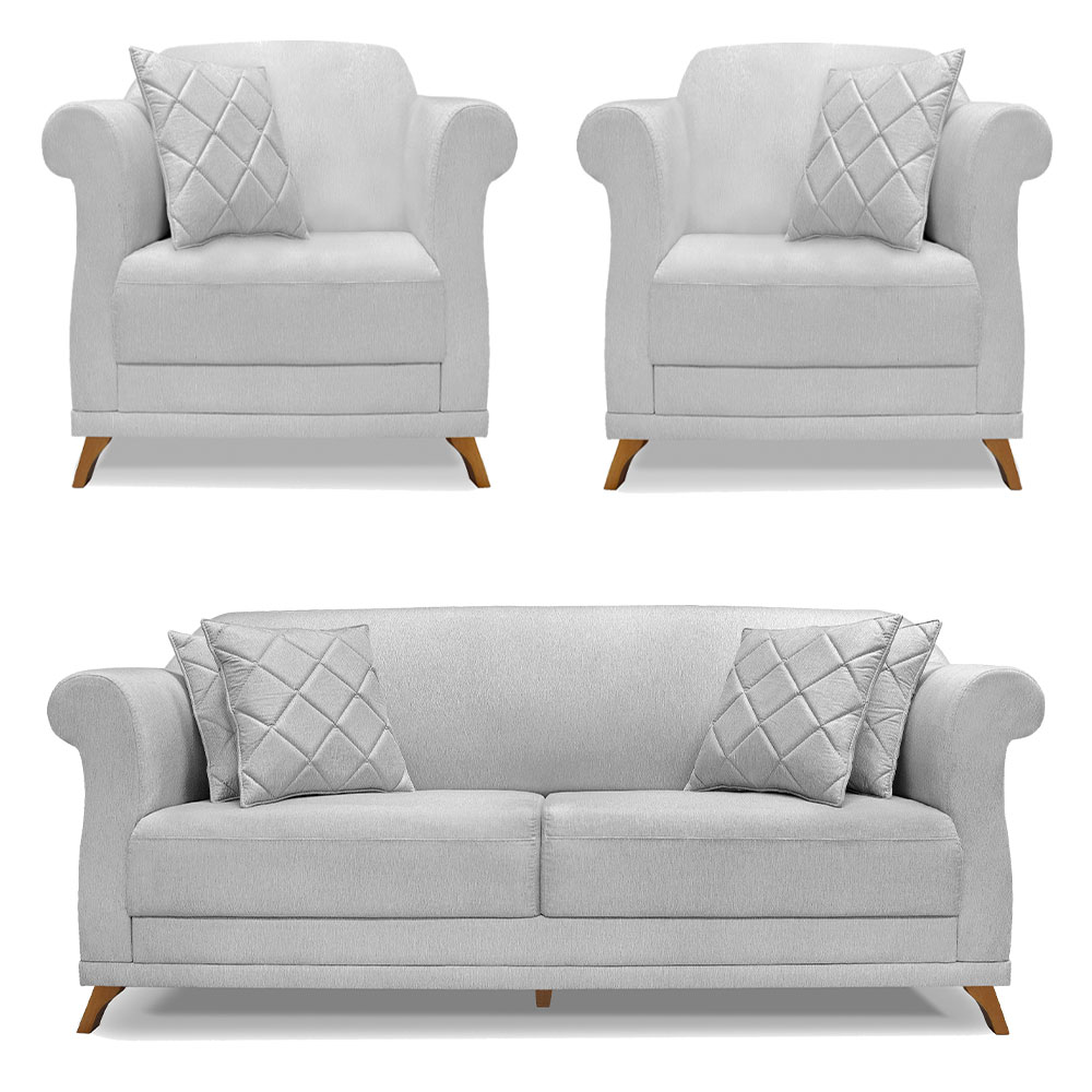 Kit 2 Poltronas e Sofá Living 2 Lugares 1,60m Vênus Linho Cinza Pés Castanho - Pallazio