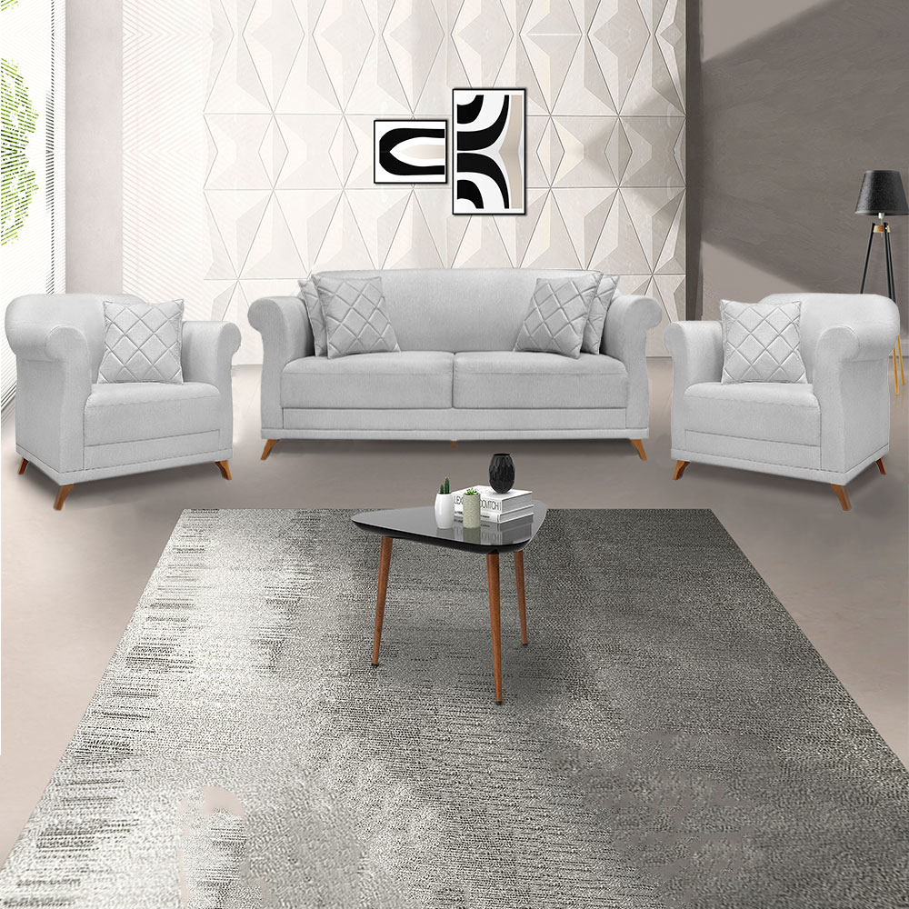 Kit 2 Poltronas e Sofá Living 2 Lugares 1,60m Vênus Linho Cinza Pés Castanho - Pallazio