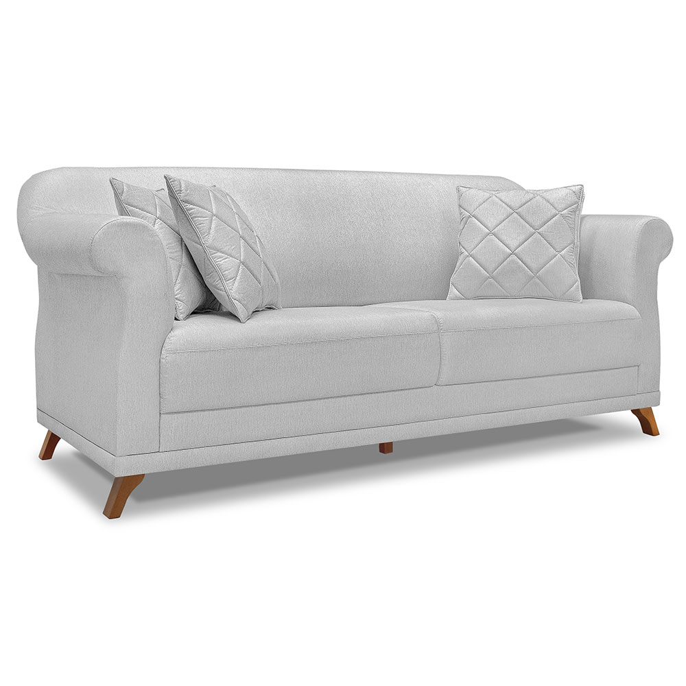 Kit 2 Poltronas e Sofá Living 2 Lugares 1,60m Vênus Linho Cinza Pés Castanho - Pallazio