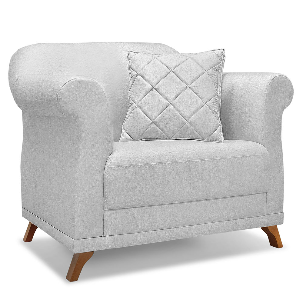 Kit 2 Poltronas e Sofá Living 2 Lugares 1,60m Vênus Linho Cinza Pés Castanho - Pallazio