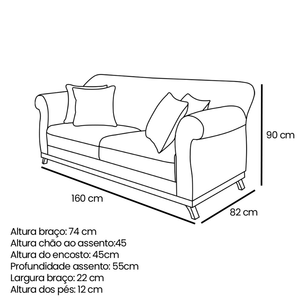 Kit 2 Poltronas e Sofá Living 2 Lugares 1,60m Vênus Linho Cinza Pés Castanho - Pallazio