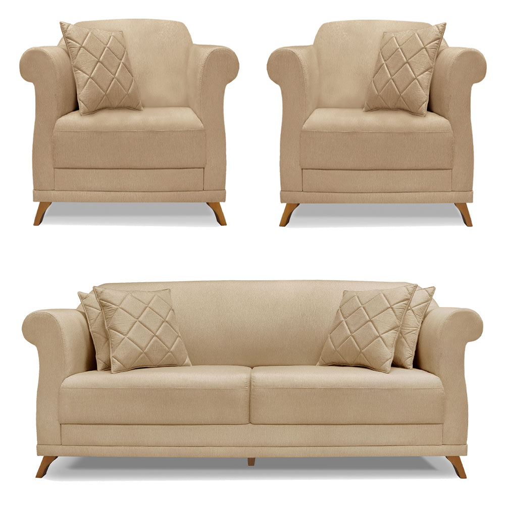 Kit 2 Poltronas e Sofá Living 2 Lugares 1,60m Vênus Linho Dourado Pés Castanho - Pallazio