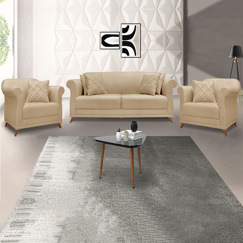 Kit 2 Poltronas e Sofá Living 2 Lugares 1,60m Vênus Linho Dourado Pés Castanho - Pallazio