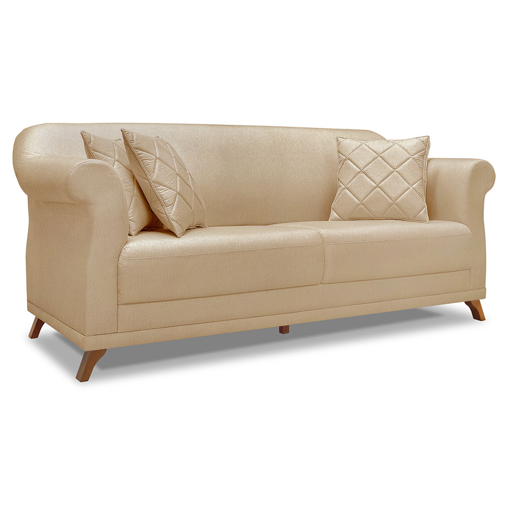 Kit 2 Poltronas e Sofá Living 2 Lugares 1,60m Vênus Linho Dourado Pés Castanho - Pallazio