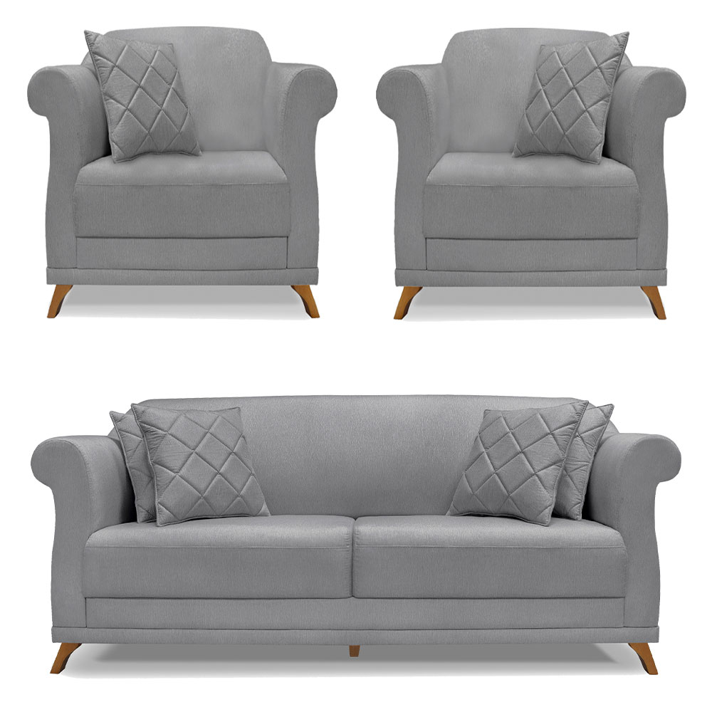 Kit 2 Poltronas e Sofá Living 2 Lugares 1,60m Vênus Linho Grafite Pés Castanho - Pallazio