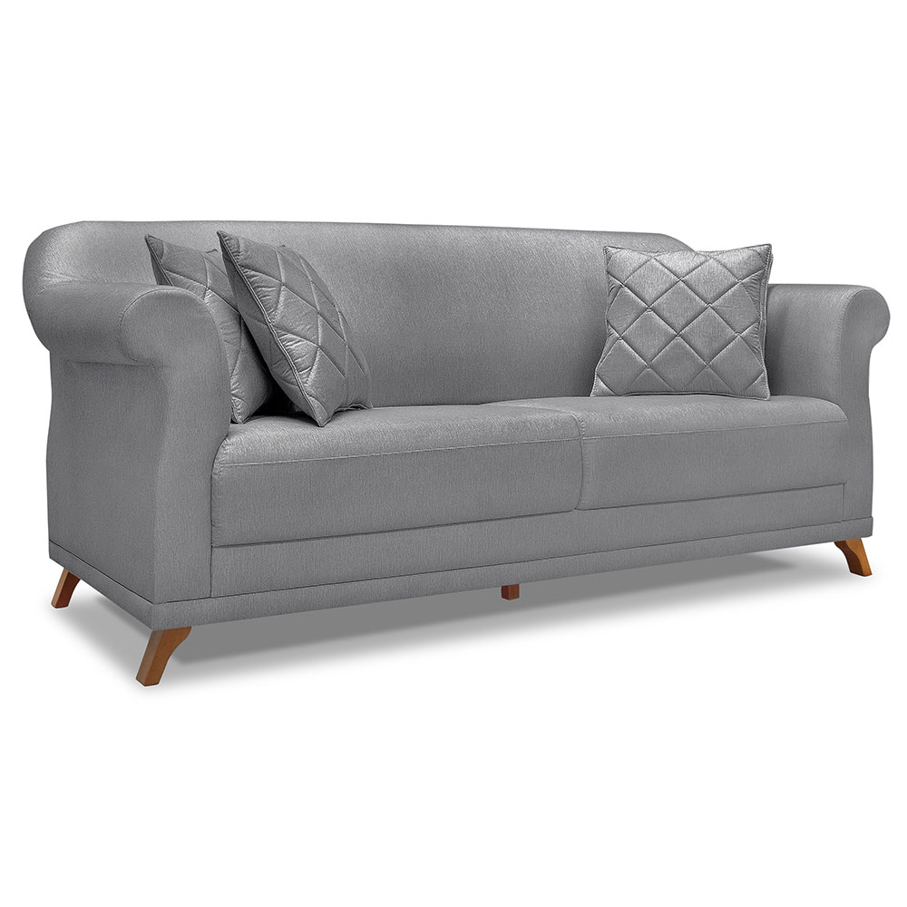 Kit 2 Poltronas e Sofá Living 2 Lugares 1,60m Vênus Linho Grafite Pés Castanho - Pallazio