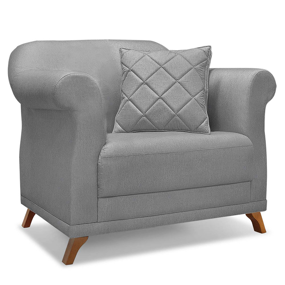 Kit 2 Poltronas e Sofá Living 2 Lugares 1,60m Vênus Linho Grafite Pés Castanho - Pallazio