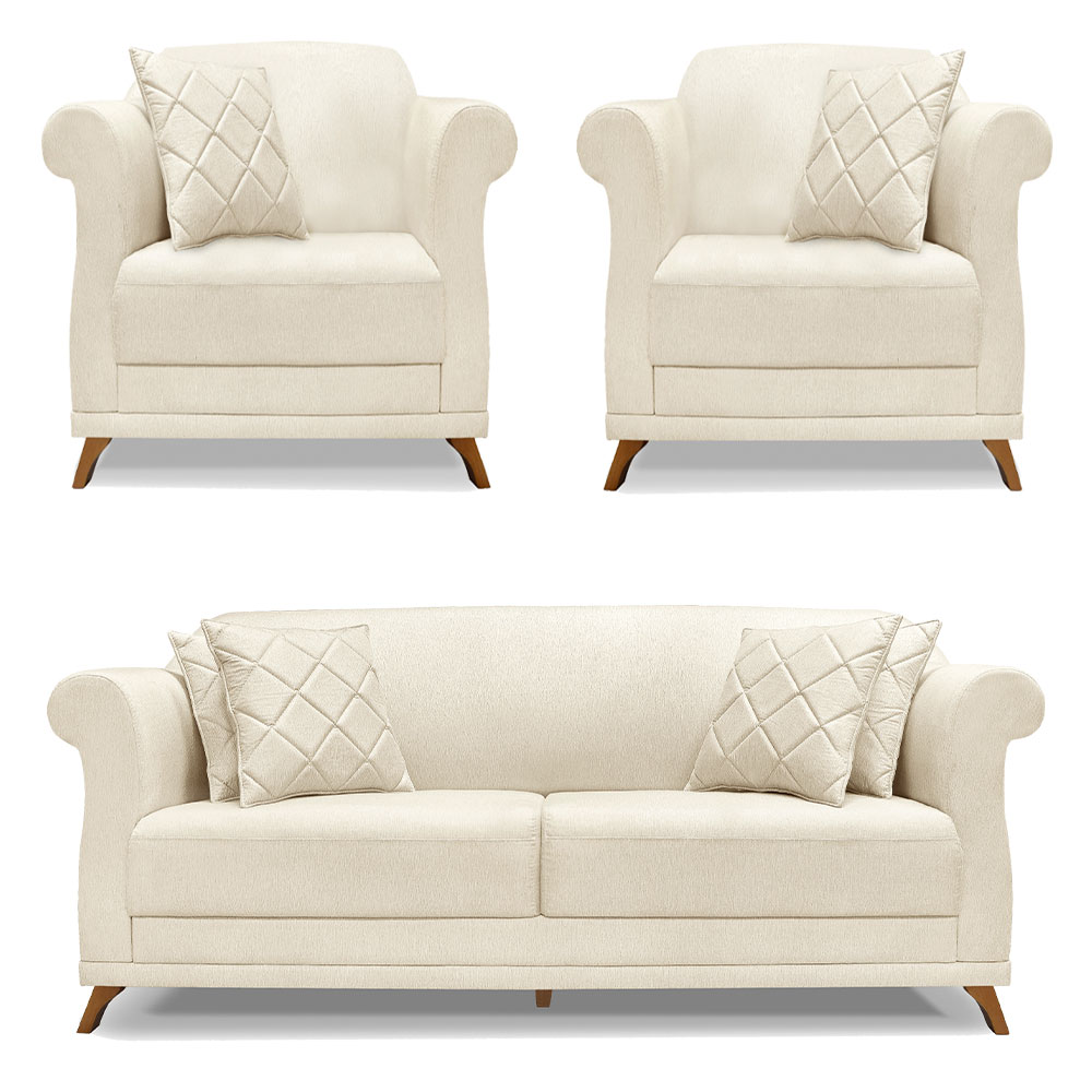 Kit 2 Poltronas e Sofá Living 2 Lugares 1,60m Vênus Linho Natural Pés Castanho - Pallazio